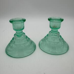 Vintage Uranium Glass Depression Candle Holders Set of 2